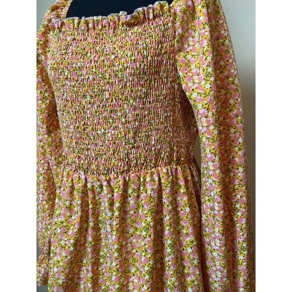 SHEIN Ditsy Floral Shirred Bodice Square Neck Dressplus size 1x pink and yellow - Picture 2 of 4